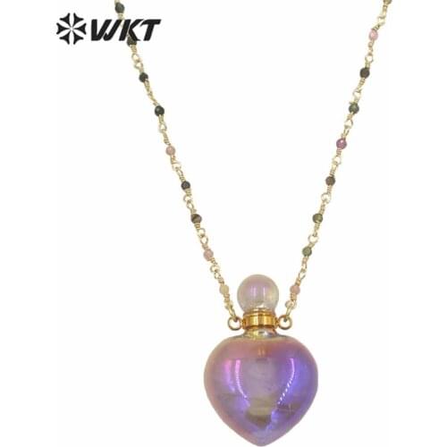 WT-N1238 WKT Factory price natural a-methyst necklace romantic heart stone perfume bottle necklace oil bottle rosary chain