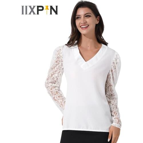 Women Sexy Deep V Neck Long Sleeve Lace Splice T-shirts Femme Casual Solid Hollow Loose Tops Fashion Womens Tops