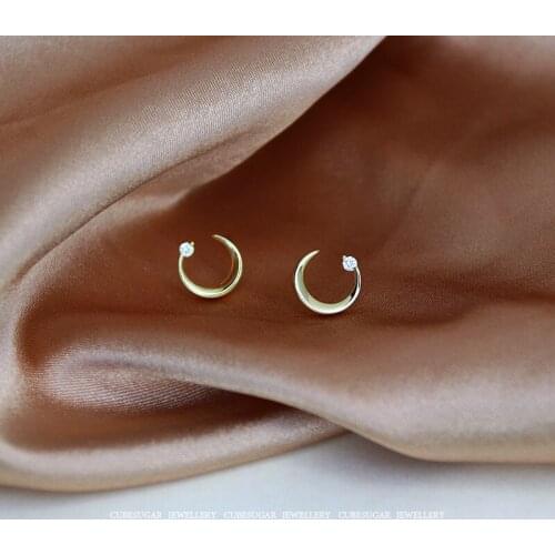 S925 Silver Earrings For Women Zircon Moon Plated 14K Gold Retro Fashion Design Anti-Allergic Lady Gift Wedding Jewelry INEFFA