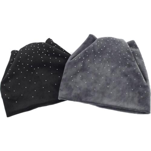 Women Winter Warm With Diy Rhinestone Beanies Velvet Elastic Hats Casual Soft Caps Female Solid Color Fashion Balaclava Bonnet