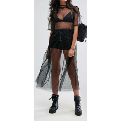 Women smock dresses Coverup Mesh Sheer summer Beach loose Maxi Wrap Sarong Ladies Lace sexy black Dress transparent plus size