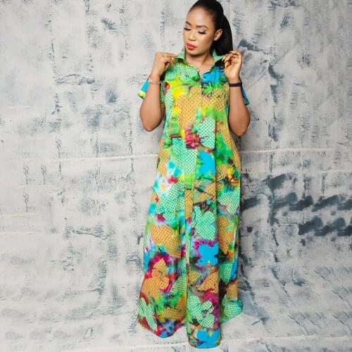 Fashion Design 2020 Dresses For Women Party Short Sleeve Turn-down Collar Colorful Print Femme Maxi Dress Beads Africa Ladies