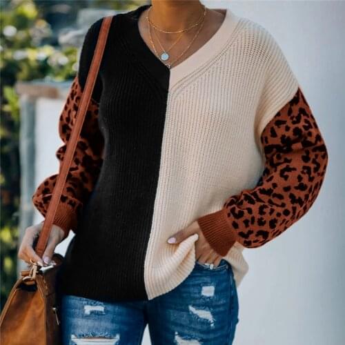 2021 Autumn Winter Women Vintage Leopard Pullovers and Sweaters Patchwork Brown Knit Jumpers Loose Styler Korean Pull Jumpers