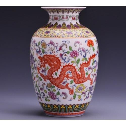 Antique Jingdezhen Vintage Eggshell Ceramic Vase Desk Accessories Crafts Enamel Dragon And Pheonix Vase Chinese Vase
