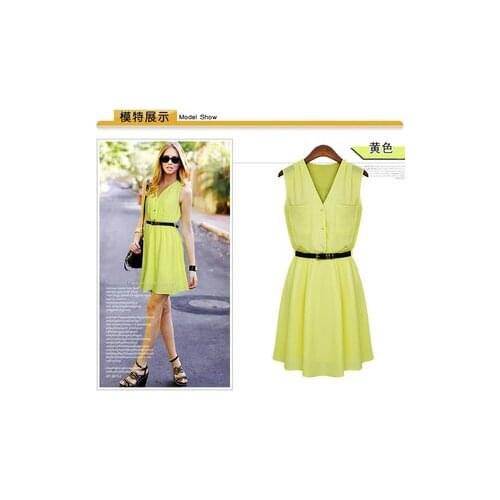 Free shipping 2014 summer wear double pocket chiffon dress Cultivate ones morality chiffon dress sleeveless dress (send belt)