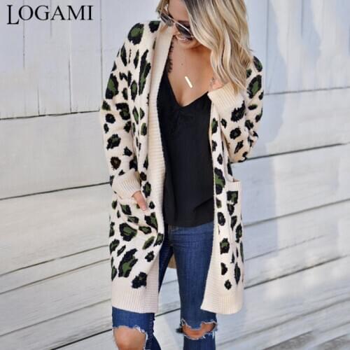 LOGAMI Long Leopard Cardigan WomenS Long Sleeve Autumn Winter Sweaters Fashion 2019 Women Long Coat