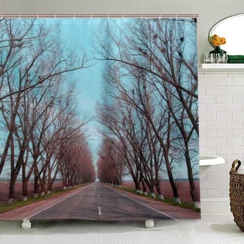 Road Stretches Into The Distance Landscape Shower Curtains Waterproof Cloth Bath Curtain Tree Screen Print Curtain for Bathroom