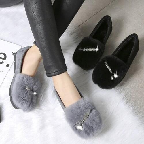 Crystal Rabbit fur flats woman winter cotton shoes for women diamond furry loafers comfy warm plush moccasins plus size 42/43