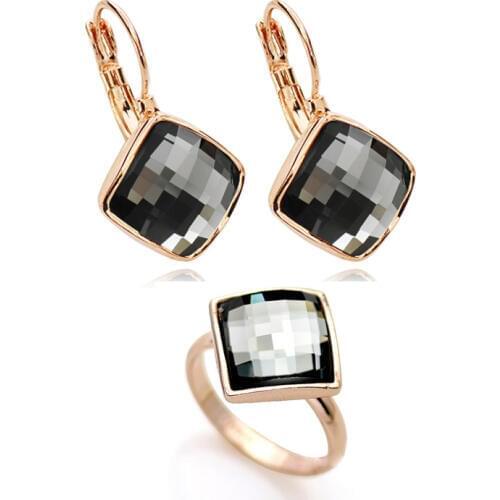 MOONROCY Black Crystal Ring and Earring Jewelry Set Rose Gold Color Square Jewelry for Women Girls Gift Drop Wholesale