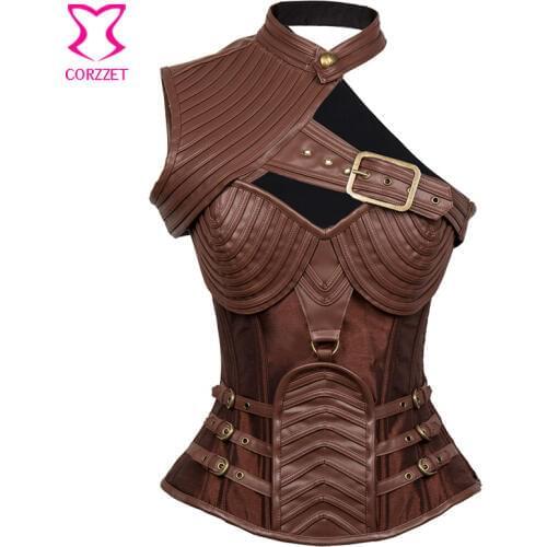 Brown Steampunk Armor Corset Top with Shoulder Bolero Halloween Costumes Corsets And Bustiers Burlesque Korsett For Women Sexy