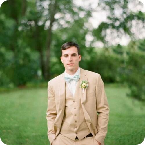 Champagne Slim Fit Linen Men Wedding Suits Tuxedos Groom Wear 3 Pieces (Jacket+Pants+Vest) Prom Blazer Costume Homme Best Man