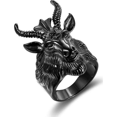 Oversize Satanic Jewelry Big Sheep Goat Horn Head Ring Satan Worship Baphomet Aries Zodiac Wicca Star For Men