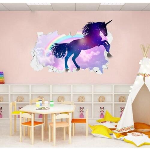 Unicorn Horse Forset Wall Stickers Creative 3d Break The Wall Effect Picture Setting Sticker Decorative Kids Nursery Decor Decal