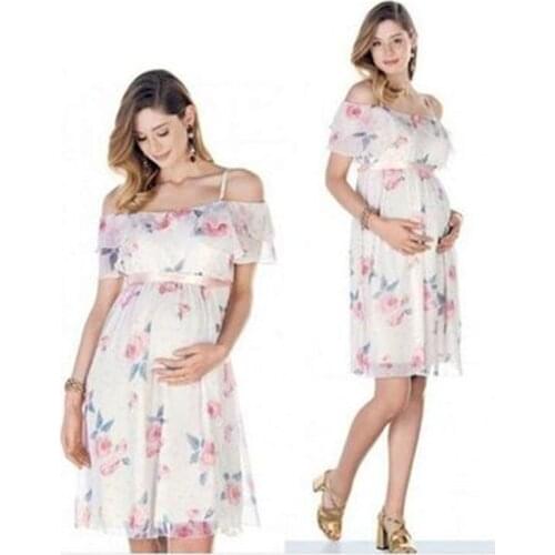 2018 Pregnant Dress Ruffle Off Shoulder Floral Maternity Dresses For Photo Shoot Chiffon Maternity Dress Party Clothes