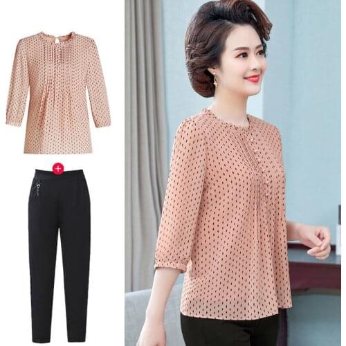 Dress Mothers summer temperament middle sleeve blouse middle aged female Chiffon round neck fashion 4050 year old suit single
