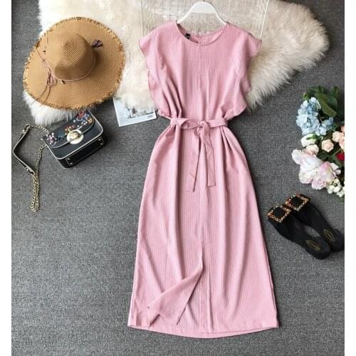 Womens spring summer butterfly sleeve solid medium long dress female high waist slim chic dress TB1230