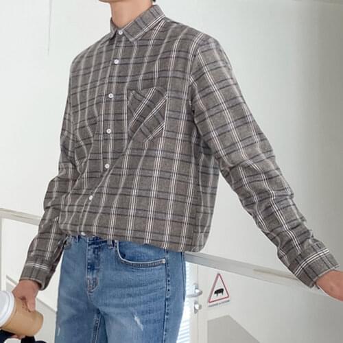 Casual Plaid Shirt for Men Autumn Korean Style Long-Sleeved Shirt Mens Loose and Comfortable Top with Pockets