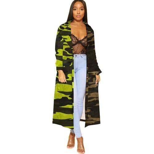 Camouflage Print Denim Trench Coat for Women Autumn Winter Loose Long Coat Jeans Jacket Overcoats Windbreaker Outwear Ropa Mujer