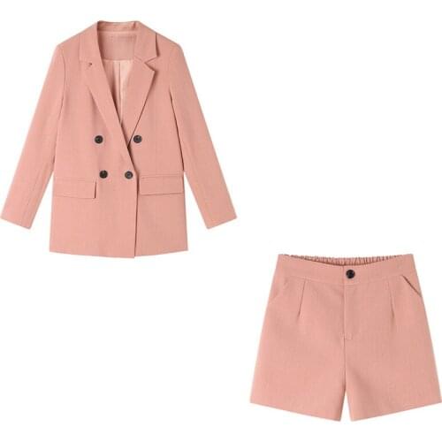 High-quality Womens Suit Shorts 2-piece Set 2021 Autumn New Temperament Double-breasted Ladies Jacket Slim Shorts Business Wear