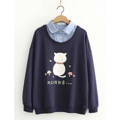 Womens Cartoon Cat Print Funny Sweatshirt Fake Two Pieces Spring Autumn Girl Loose Sweet Style Harajuku Pullovers 2012477