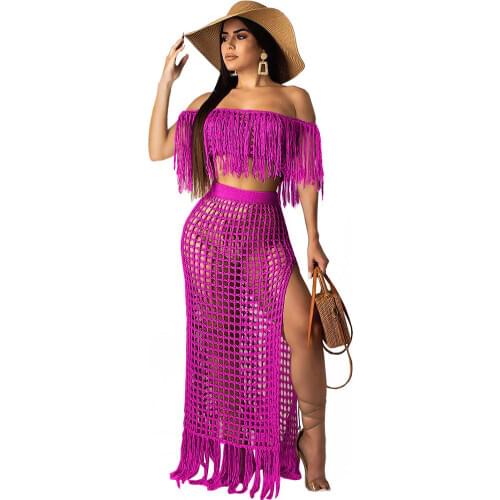 2020 Women Fringed Tassel Summer Beach Dress Sexy Off Shoulder Hollow Out Knit Crochet Boho Maxi Dress Holiday Party Long Dress