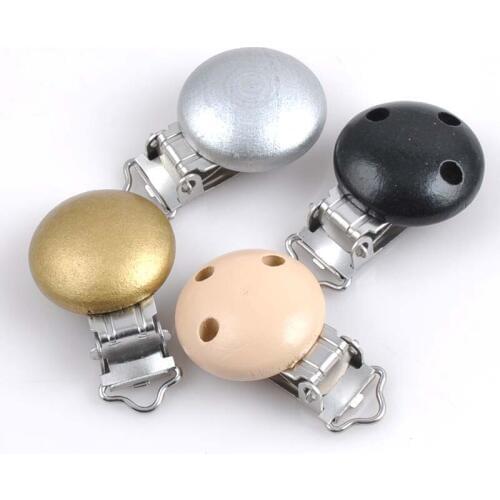 5PCs Gold and Silver Painted Baby Pacifier Clips Round Wood Charms For Hamemake DIY Craft 30x45mm MT0946