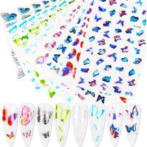 8pcs/set Nail Art Butterfly Sticker Laser Color Set Nail Decal Designs Manicure Summer AutumnNail Decoration Tools
