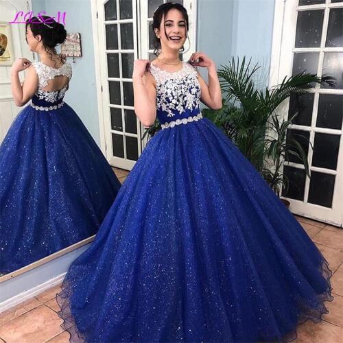 Sparkly Royal Blue Ball Gown Quinceanera Dresses Vestido 15 Years O-Neck Open Back Sweet 16 Girls Formal Gowns Prom Dress
