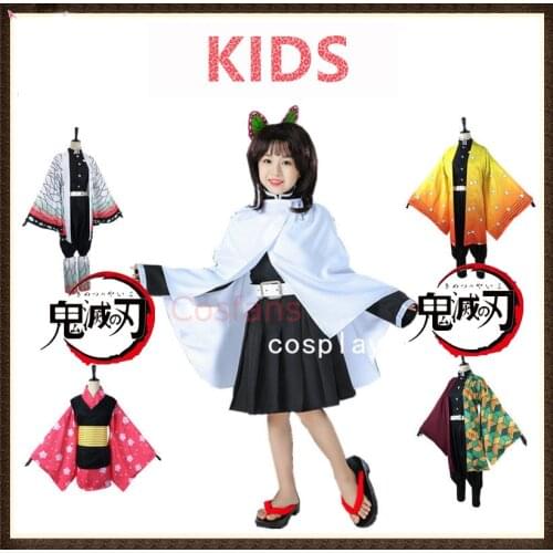 Kids Boys Demon Slayer Kimetsu no Yaiba Kamado Nezuko Cosplay Costume Kimono wig Geta Shoes Headwear Japan Anime Halloween Dress