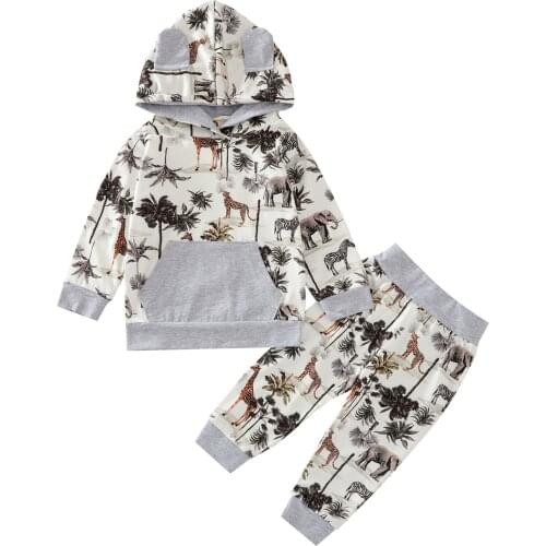 Baby 2Pcs Spring Outfits Trendy Animal Tree Print Long Sleeve Hoodie and Pants Set