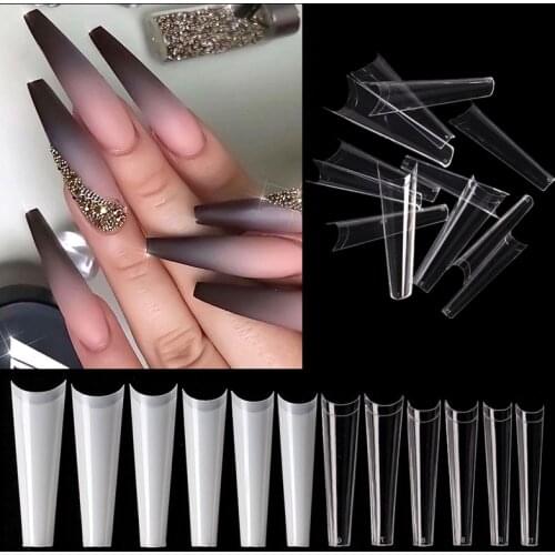 500 Pcs Long Flattop Acrylic False Nail Tips Card Display Full Covered Coffin Armour Design Manicure DIY Accessories