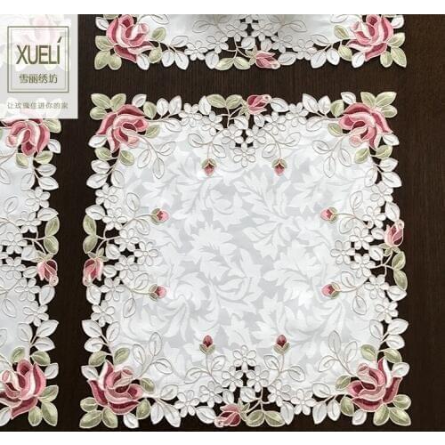 SQUARE Pink Rose Elegant Embroidery Table Runner Pastoral Fabric Tea tablecloth, Luxury Table mat table Cover for decoration