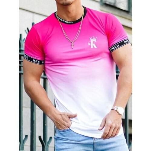 Fashion round neck casual short-sleeved shirt Mens T-shirt Street style short-sleeved pink gradient printed T-shirt