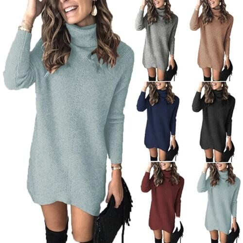 Fashion Women Dress Long Sleeve Turtleneck Sweater Casual Pure Color Jumper Pullover Knitting Sweater Dress