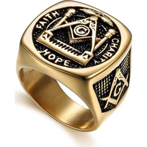 Punk Masonic Rings For Men Gold Color Stainless Steel Vintage Geometric Ring AG Freemason Cocktail Jewelry Gift Dropshipping