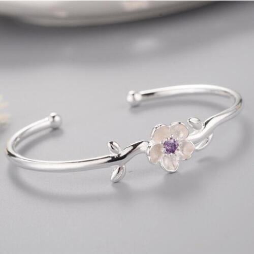 New Creative Fashion 925 Sterling Silver Jewelry Bracelets Crystal Female Cherry Flowers Handmade Bangles Gift SB59