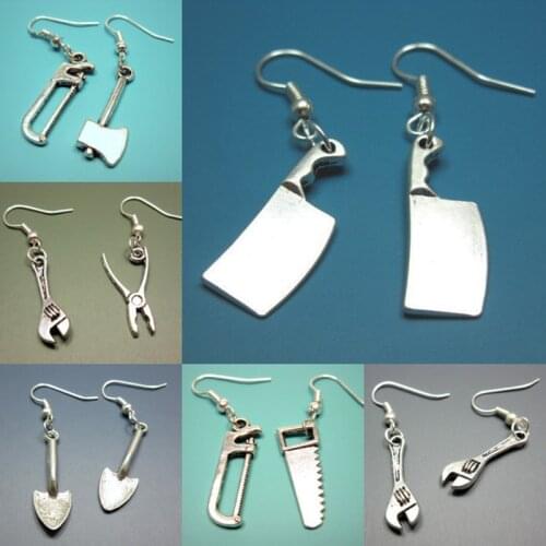 Hip Hop Creative Saw Kitchen Knife Shovel Wrench Axe Pliers Metal Earrings Fashion Mini Tools Earrings Statement Jewelry New