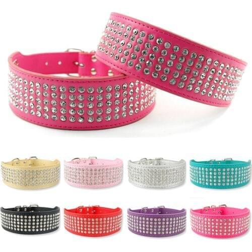 2" Width 5 Rows Rhinestone Dog Puppy Pet Collars Bling Full Diamante Leather Collar 13-24" XS/S/M/L/XL