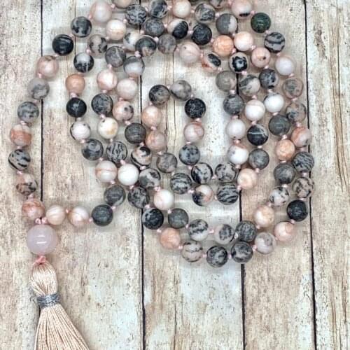Contentment Mala Necklace 108 Mala Beads Yoga Jewelry 8MM Pink Zebra J-aser Knotted Tassel Necklace For Women