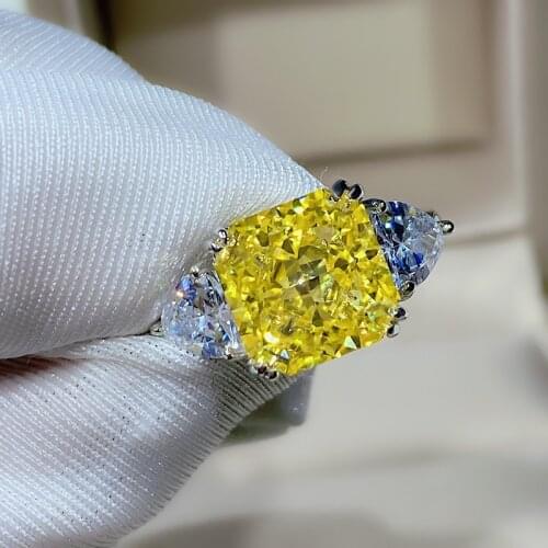 S925 Silver High Carbon Yellow Diamond Radiant Cut Square 10*10mm 5 Carat Engagement Jewelry Ring Women