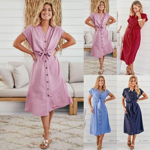 Summer Sundress Women 2021 Casual V Neck Short Sleeve Lace Up Loose Buttons High Waist Office Lady Midi Elegant Dresses Vestidos