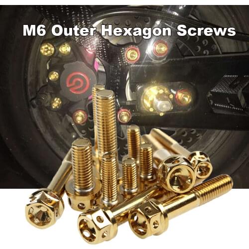 M6 Motorcycle Gold Screws Nut 304 Stainless Steel Bolt Outside Hex Head Cap Bolts M6*10/15/20/25/30/35/45/45/50/55mm Hexagon