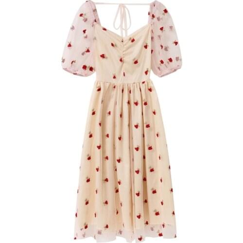 PERHAPS U Pink Slash Neck Floral Mesh Midi Embroidery Dress Short Sleeve Summer D1670