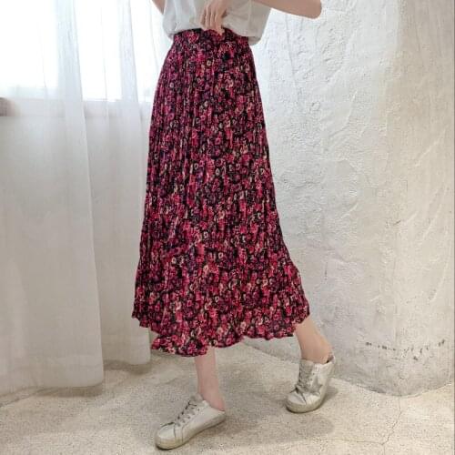 Summer Midi Skirt Female Casual High-Waisted Skirt Ladies Flowers Folds Gauze Long Summer Womens Clothing Korean Fashion