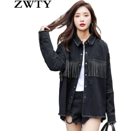 Vintage Fringe Beaded Loose Denim Jacket Coat Women 2020 Fashion Frayed Trim Ladies Black Outerwear Chaqueta Mujer DJ865