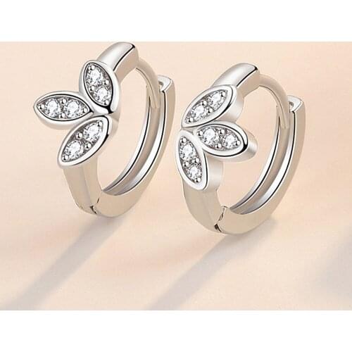 Elegant Clover Leaves Crystal Clip on Hoop Diamond Gemstones Stud Earrings for Women 18k White Gold Filled Jewelry Brincos Gifts