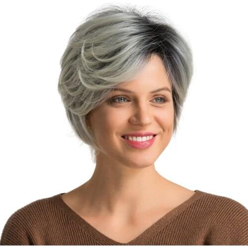 Women Fashionable Short Silver Trendy Natural Straight Synthetic Wig Hair Black Rooted