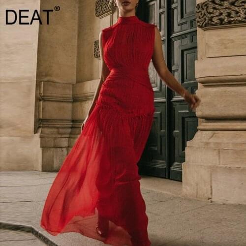 DEAT Woman Sleeveless Dress Solid Elastic Waist Slim Long Length Dresses Mesh Elegant Vintage Style 2021 Summer Fashion 15HT417