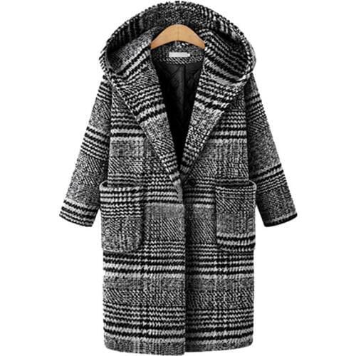 Plaid woolen coat women 2018 Autumn winter Thicken warm Hooded tops Plus size 5XL female Loose long Woolen jackets IOQRCJV H573