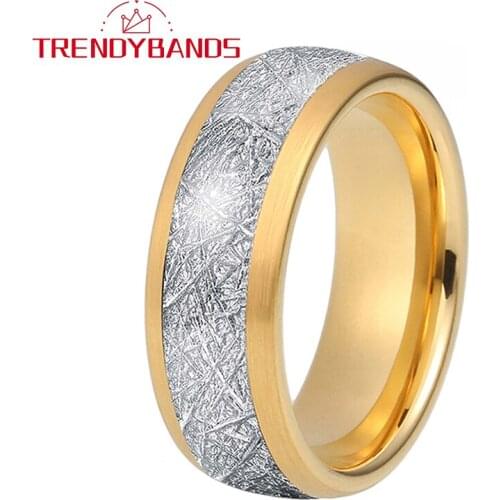 Gold 8MM Meteorite Inlay Tungsten Carbide Rings Wedding Band For Men Women Brushed Finish Domed Comfort Fit